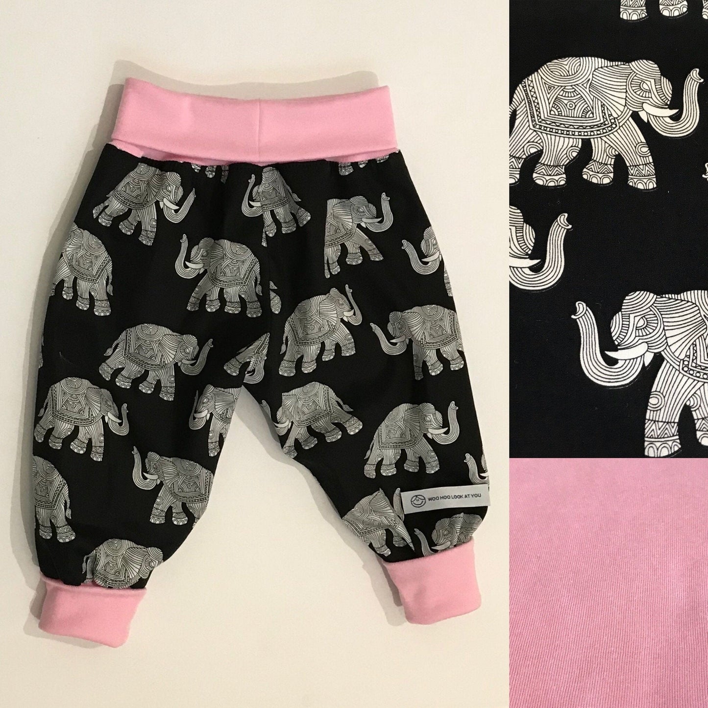 Pants - Harem - Ribbed Waist - Grey Elephants with Pink Bands