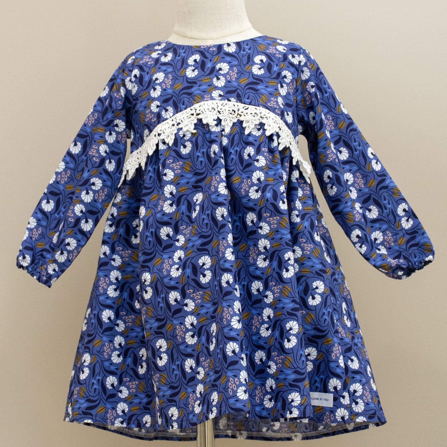 Dress - Long Sleeved Dark Blue w White Flowers