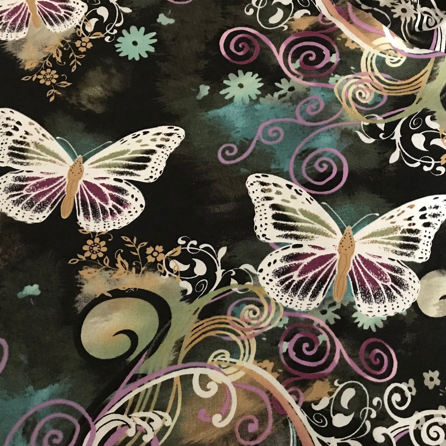 Skirt - Elastic Waist, 100% Cotton, Black Background with White Butterflies, Circular Skirt