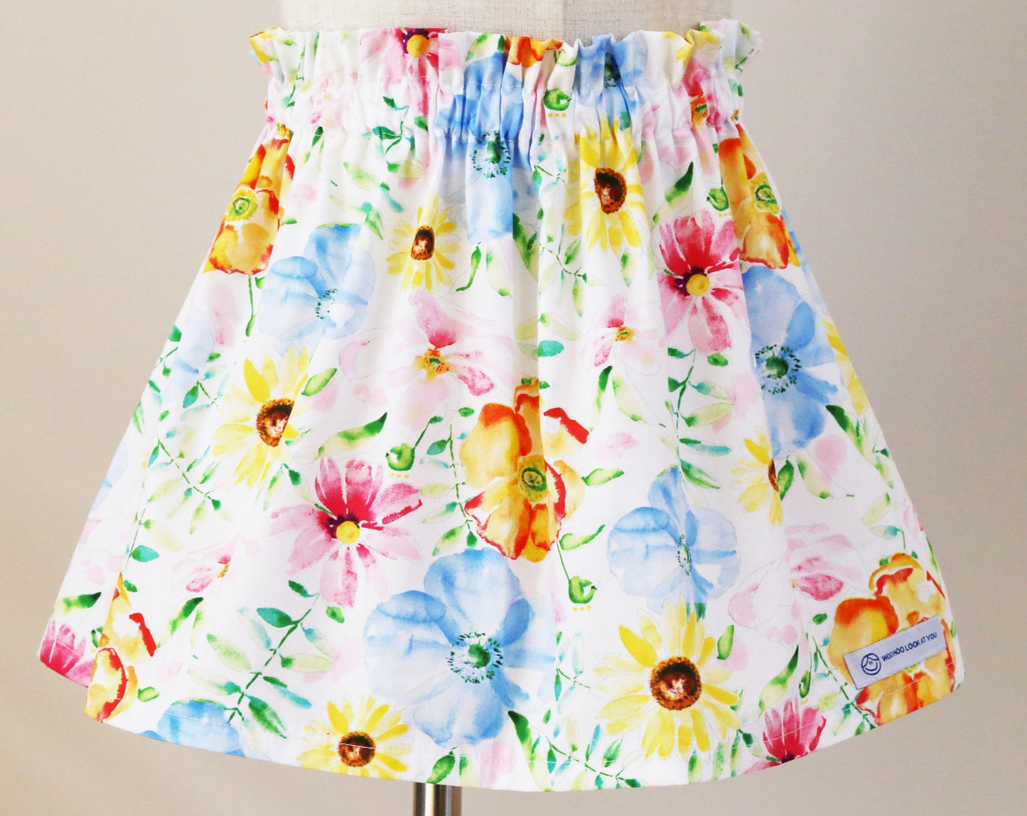 Skirt - High Waisted - Tadah Paper Bag Skirt, Toddler, Multi-Colour Flowers on White