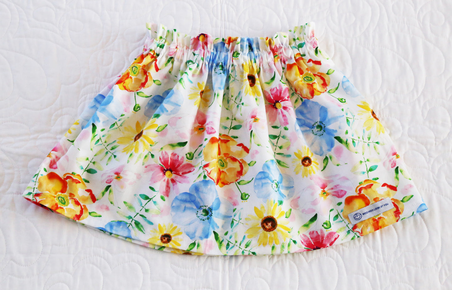 Skirt - High Waisted - Tadah Paper Bag Skirt, Toddler, Multi-Colour Flowers on White