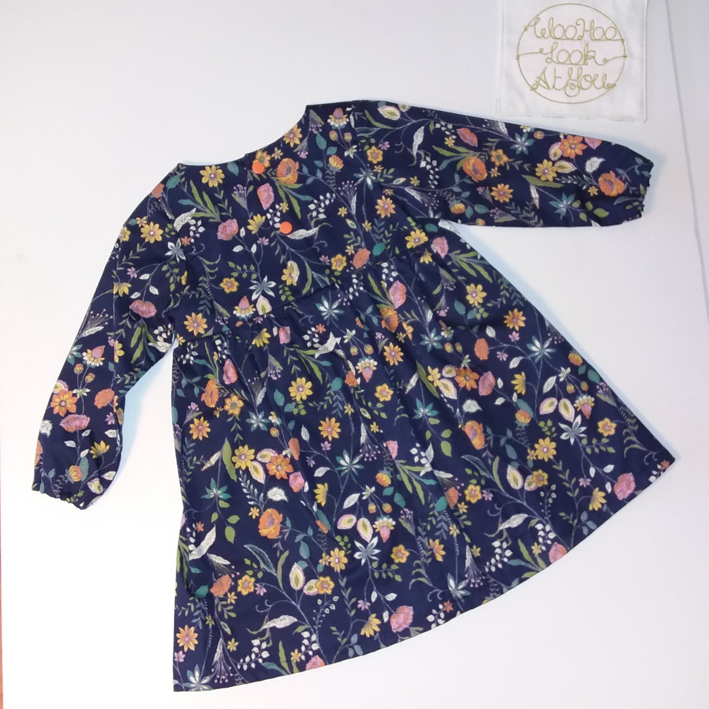 Dress - Long Sleeved Navy Gathered Flowers