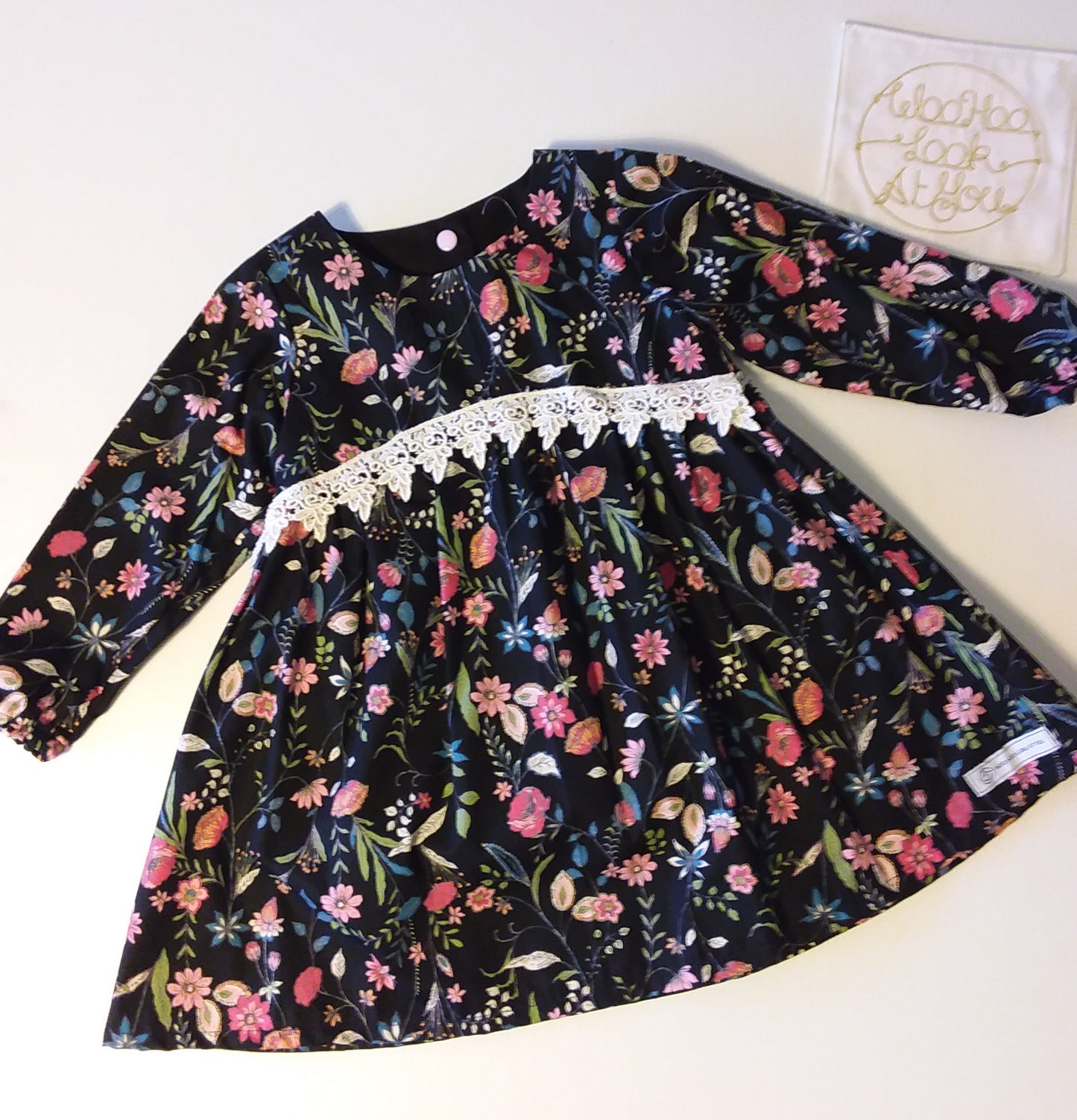 Dress - Long Sleeved Black Seasonal Flowers