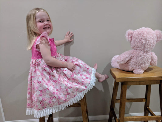 Dress - Maddie - Bright Pink Bodice,  Pink Frangipani Skirt with Light Pink Lace Flutters and Lace/Pom Pom Hemline