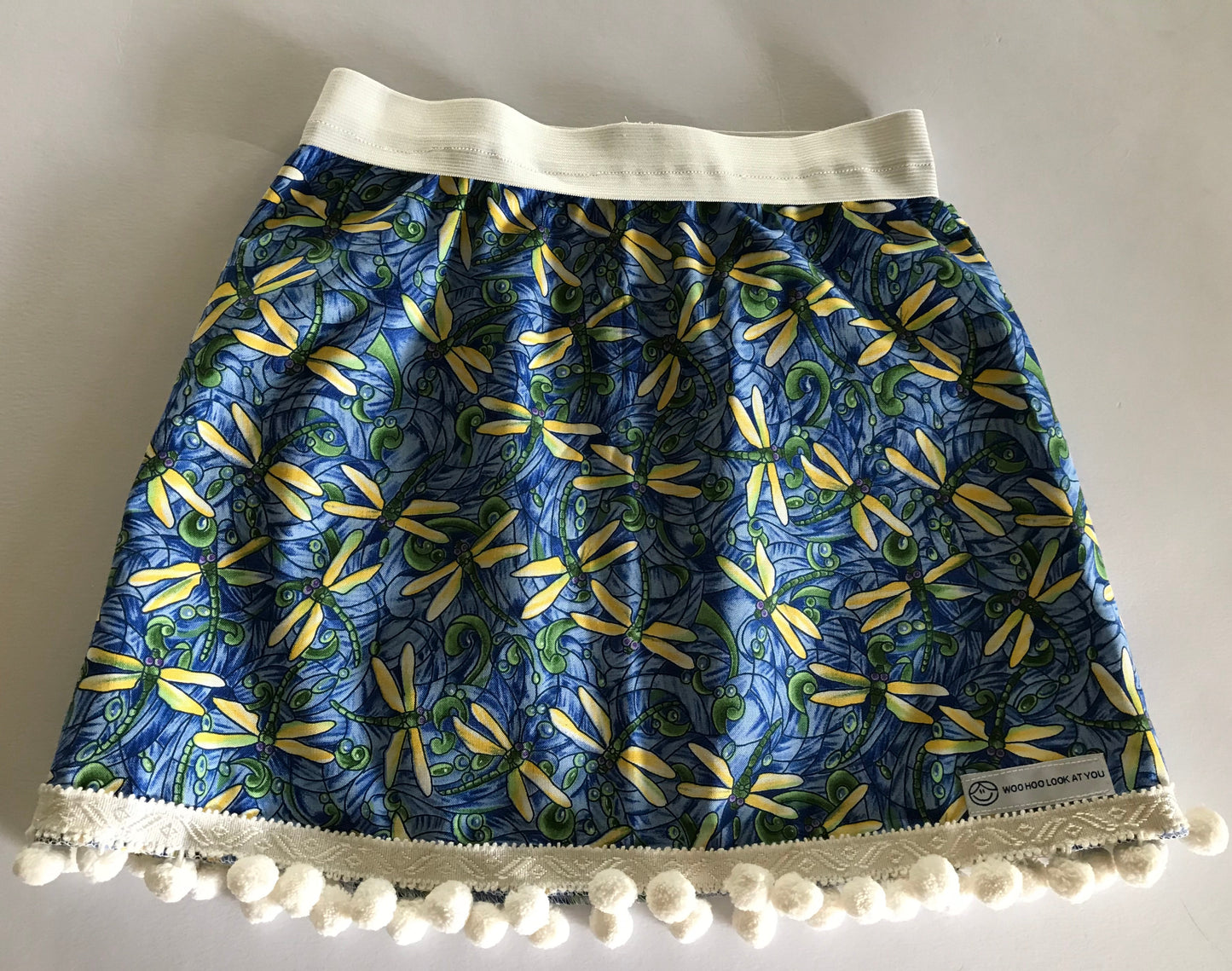 Skirt - Added Elastic Waistband - Dragon Flies on Blue with White Pom Pom Trim