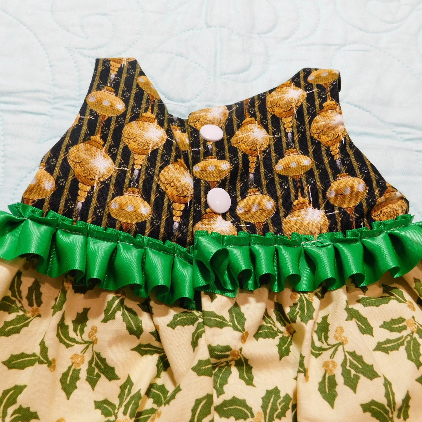 Romper - Christmas - Green & Gold Mistletoe & Green Pleated Ribbon