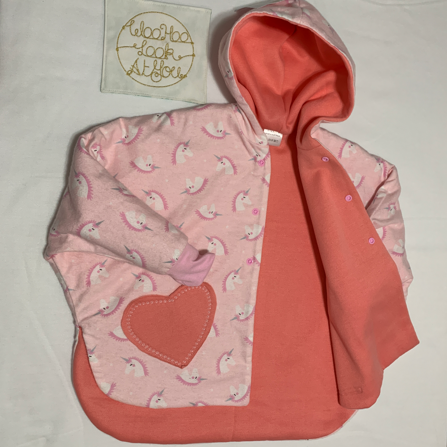 Coat - Poncho Coat/Jacket - Pink Lined, Unicorn Print, Hooded with Heart Shape Pocket and Pink Cuffs