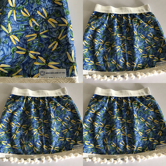 Skirt - Added Elastic Waistband - Dragon Flies on Blue with White Pom Pom Trim