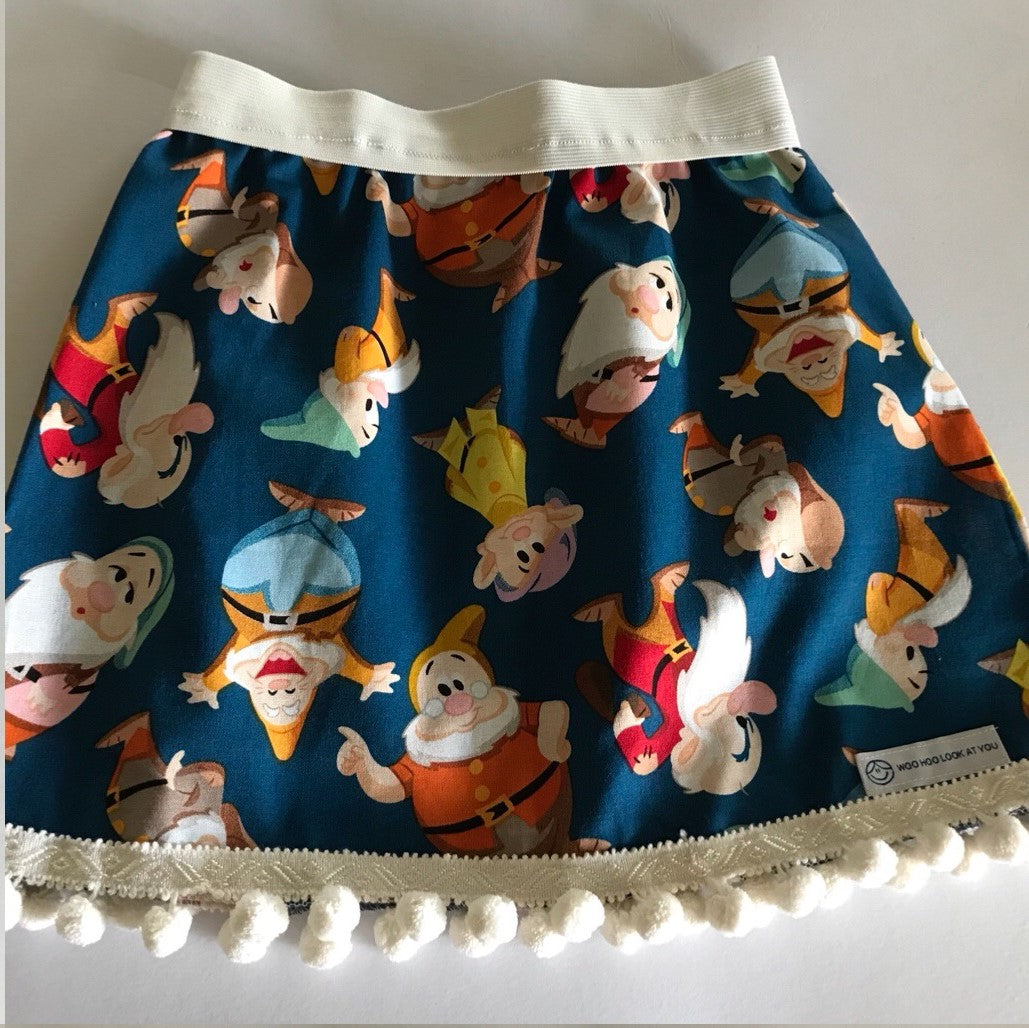 Skirt - Added Elastic Waistband, Coloured Gnomes on Teal Background with pom poms