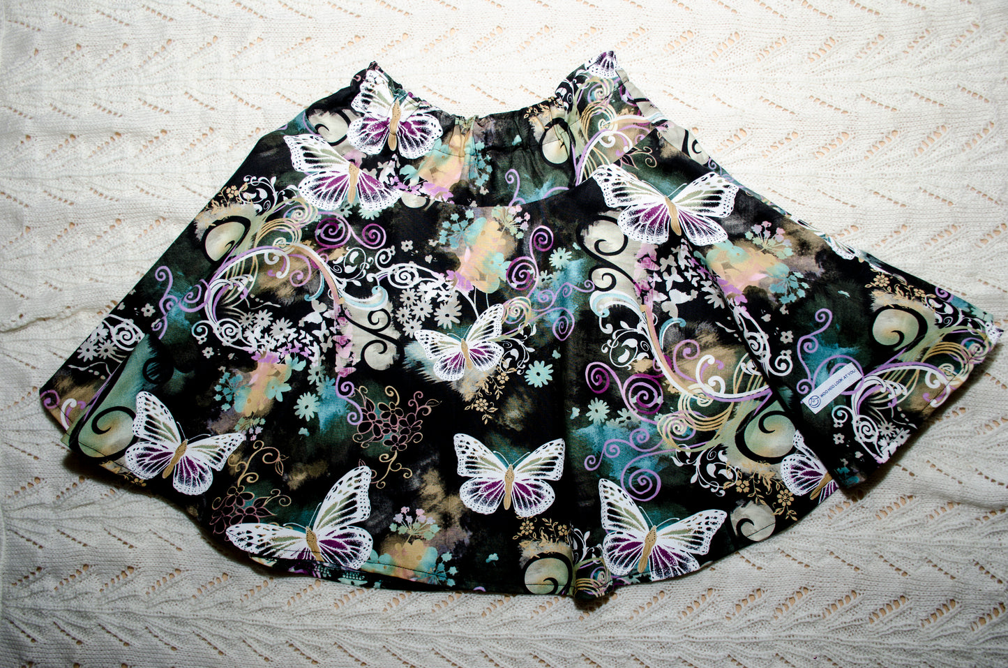 Skirt - Elastic Waist, 100% Cotton, Black Background with White Butterflies, Circular Skirt