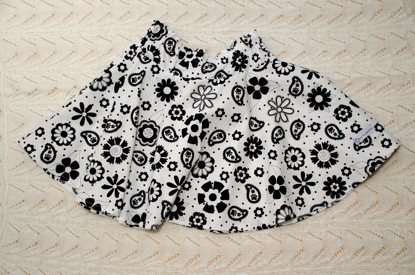 Skirt - Elastic Waist, 100% Cotton, Black and White Floral Fabric, Circular Skirt