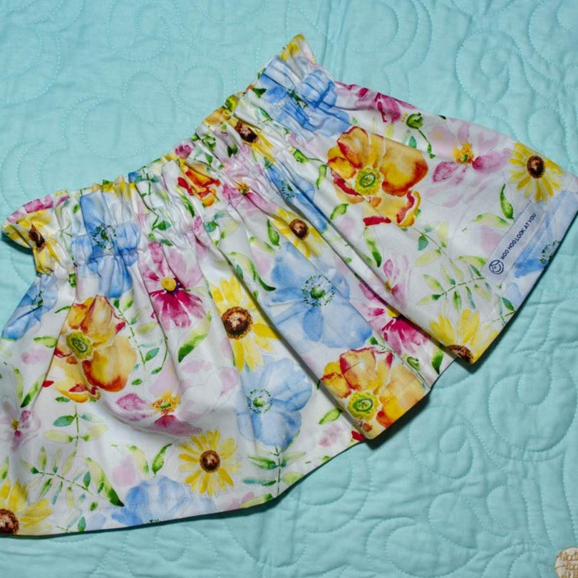 Skirt - High Waisted - Tadah Paper Bag Skirt, Toddler, Multi-Colour Flowers on White