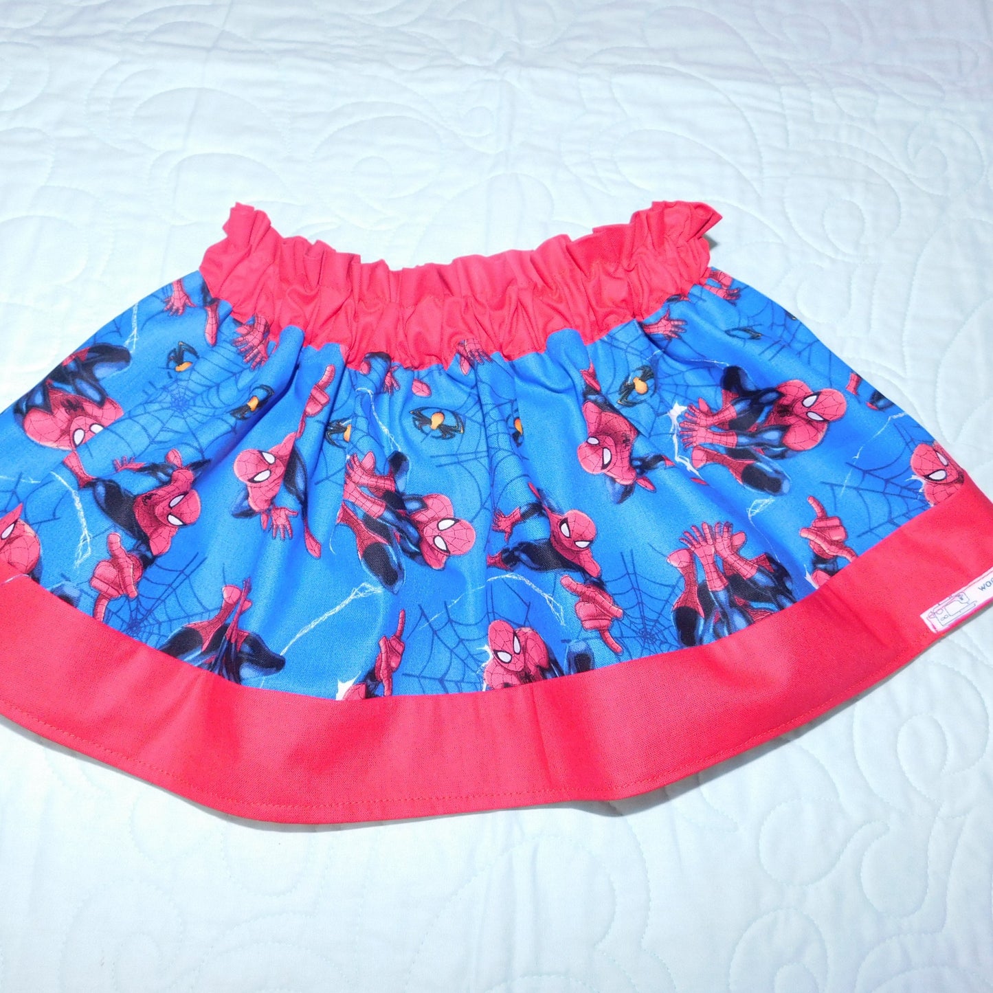 Skirt - High Waisted - Tadah Paper Bag Skirt, Toddler  Webbed Superhero on Blue Background with Red Waist and Hemline