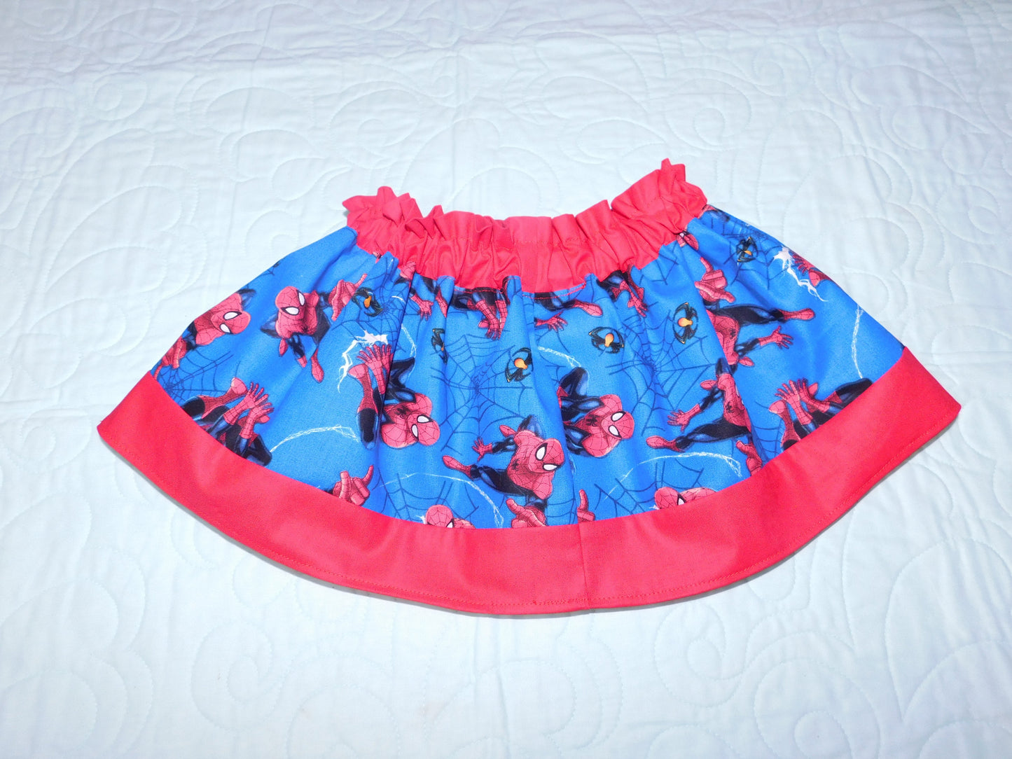 Skirt - High Waisted - Tadah Paper Bag Skirt, Toddler  Webbed Superhero on Blue Background with Red Waist and Hemline