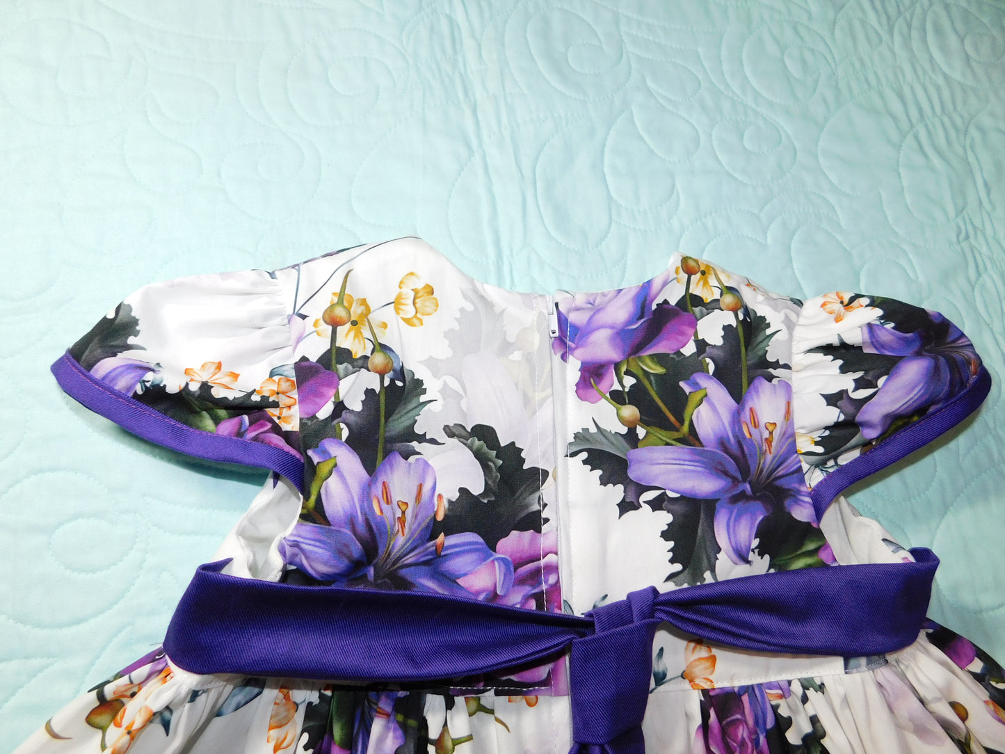 Dress - Exquisite Collection - Purple Lillium Flower, Purple Bias Binding on Sleeves and Black/Gold Lace Trim on Hemline