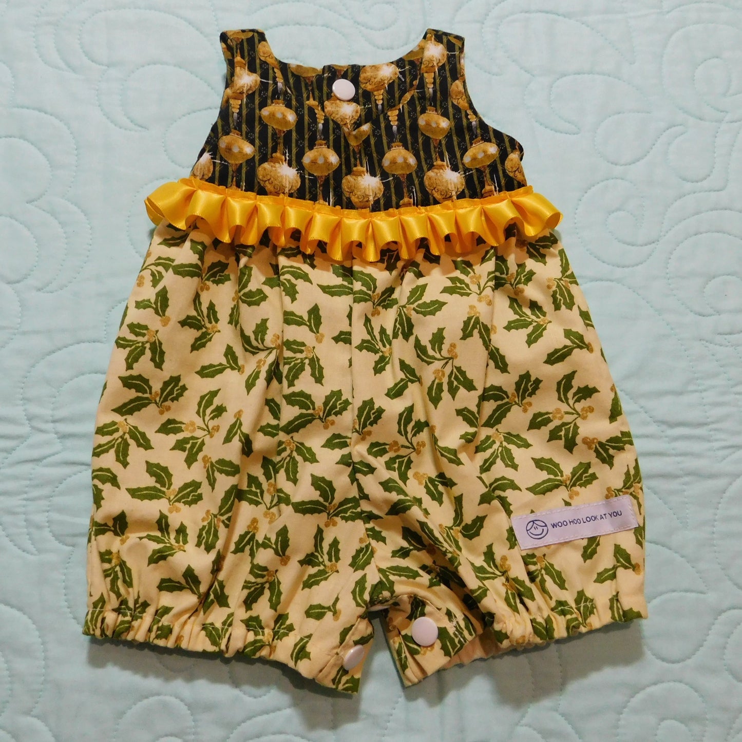 Romper - Christmas - Green & Gold Mistletoe & Gold Pleated Ribbon