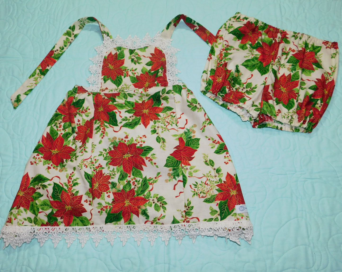 2 Piece Set - Dress and Nappy Cover - Christmas - Pinafore with Australiana Red & Gold Poinsettias & Nappy Cover with White Lace Trims