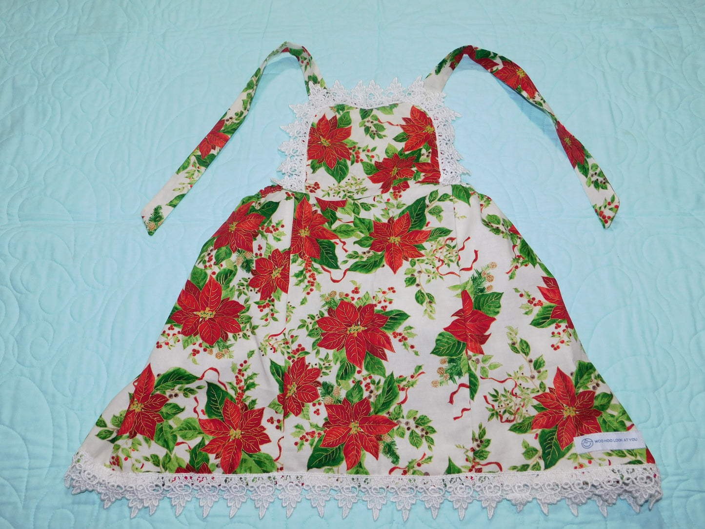 2 Piece Set - Dress and Nappy Cover - Christmas - Pinafore with Australiana Red & Gold Poinsettias & Nappy Cover with White Lace Trims