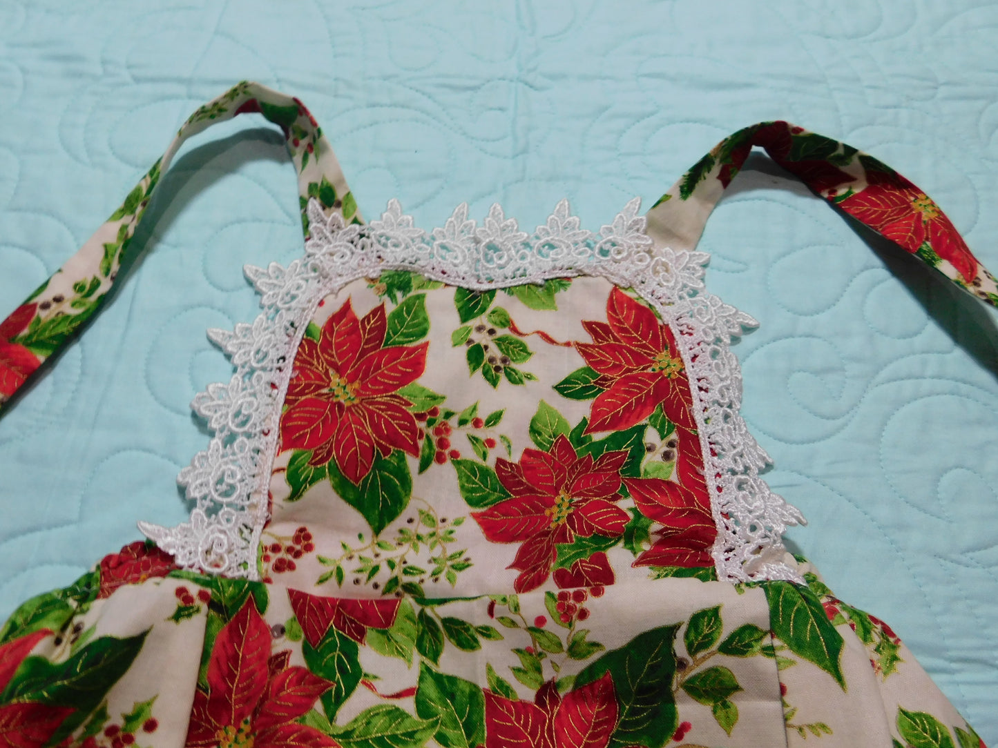 2 Piece Set - Dress and Nappy Cover - Christmas - Pinafore with Australiana Red & Gold Poinsettias & Nappy Cover with White Lace Trims