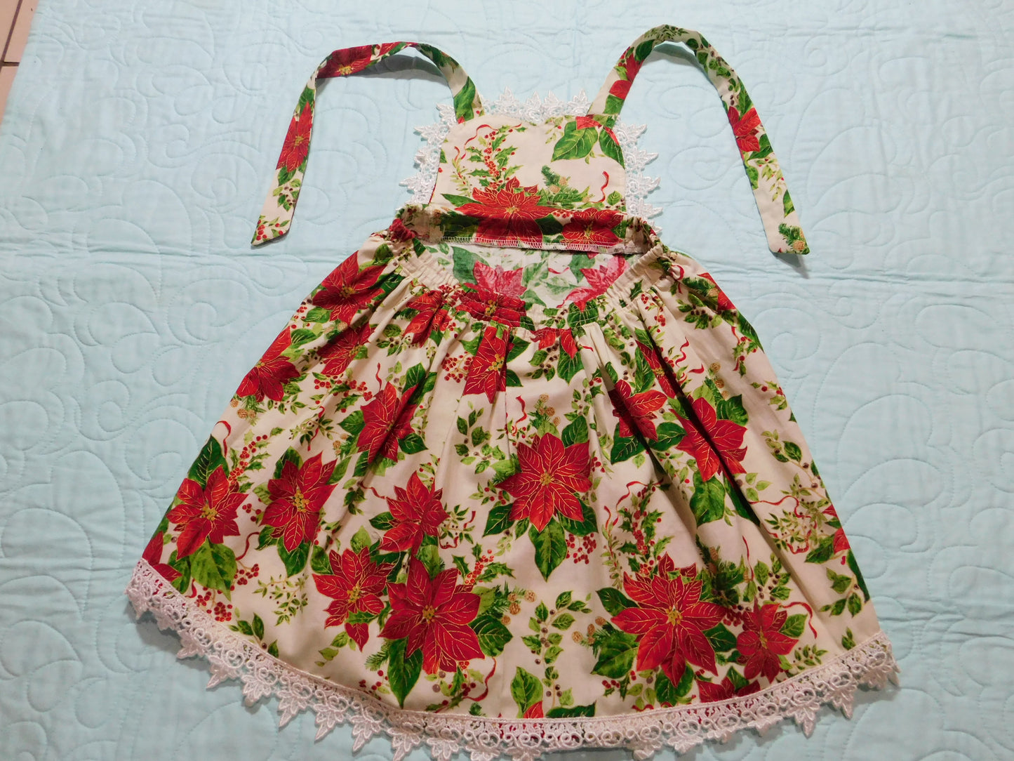 2 Piece Set - Dress and Nappy Cover - Christmas - Pinafore with Australiana Red & Gold Poinsettias & Nappy Cover with White Lace Trims