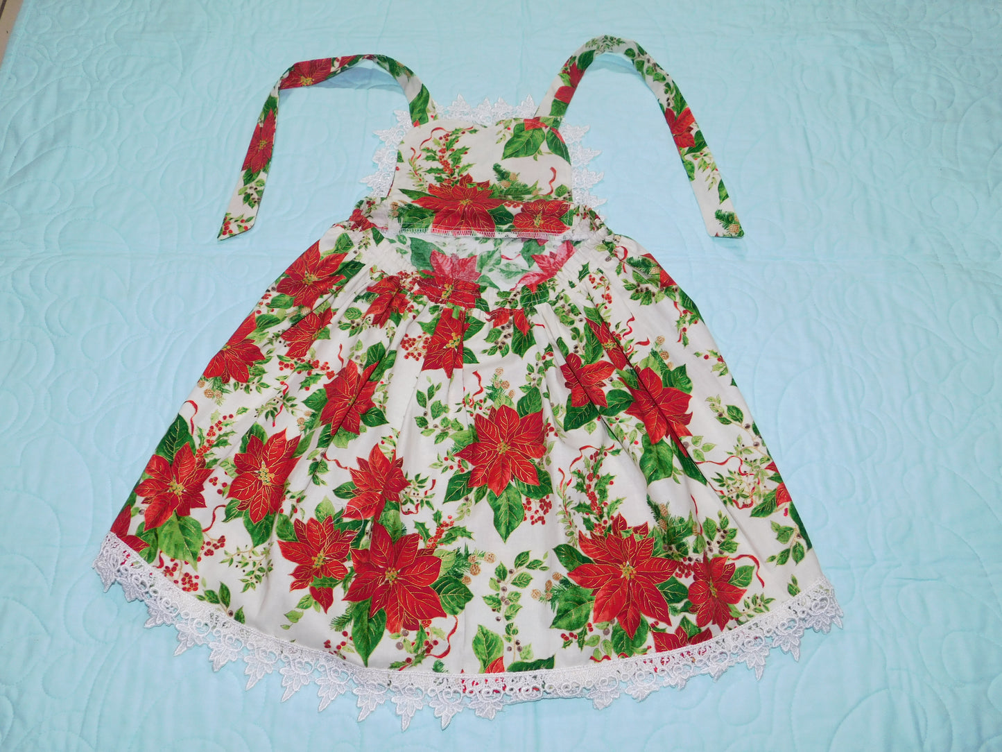 2 Piece Set - Dress and Nappy Cover - Christmas - Pinafore with Australiana Red & Gold Poinsettias & Nappy Cover with White Lace Trims