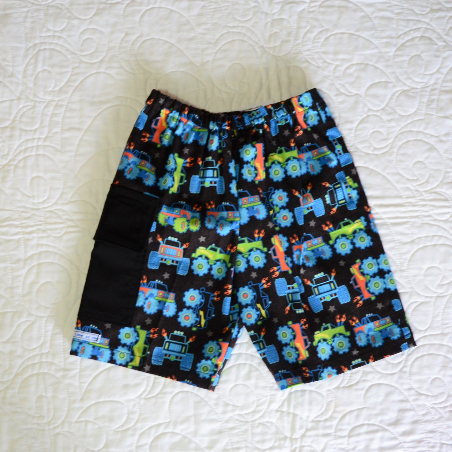 Pants - Cargo Shorts - Monster Trucks, Flap Pocket for Rocks, Elastic Waist