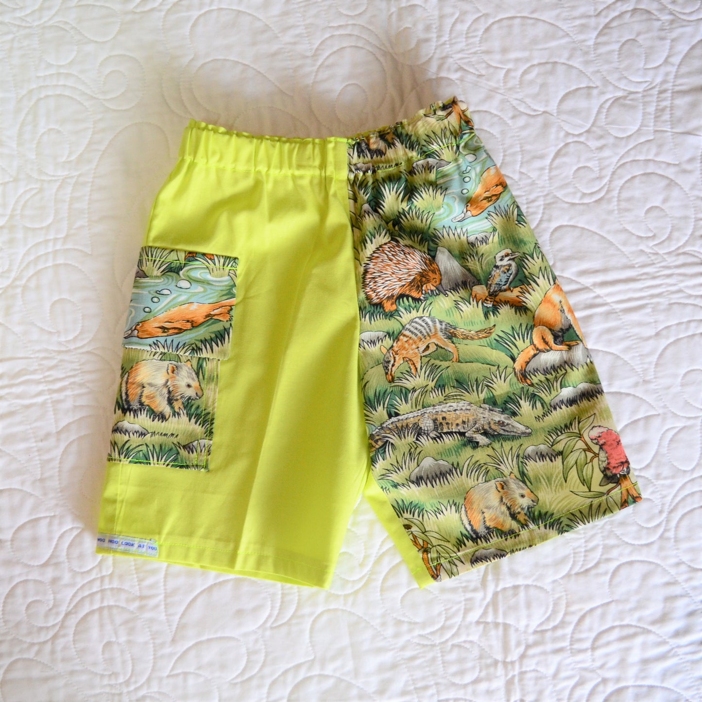 Pants - Cargo Shorts - Australian Animals, Flap Pocket for Rocks, Elastic Waist