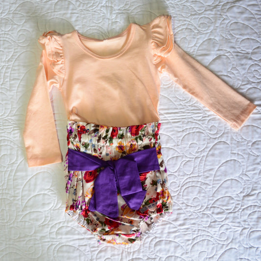 2 Piece Set - High Waisted Nappy Cover with Sash Bow & ReadyMade Long Sleeve Bodysuit