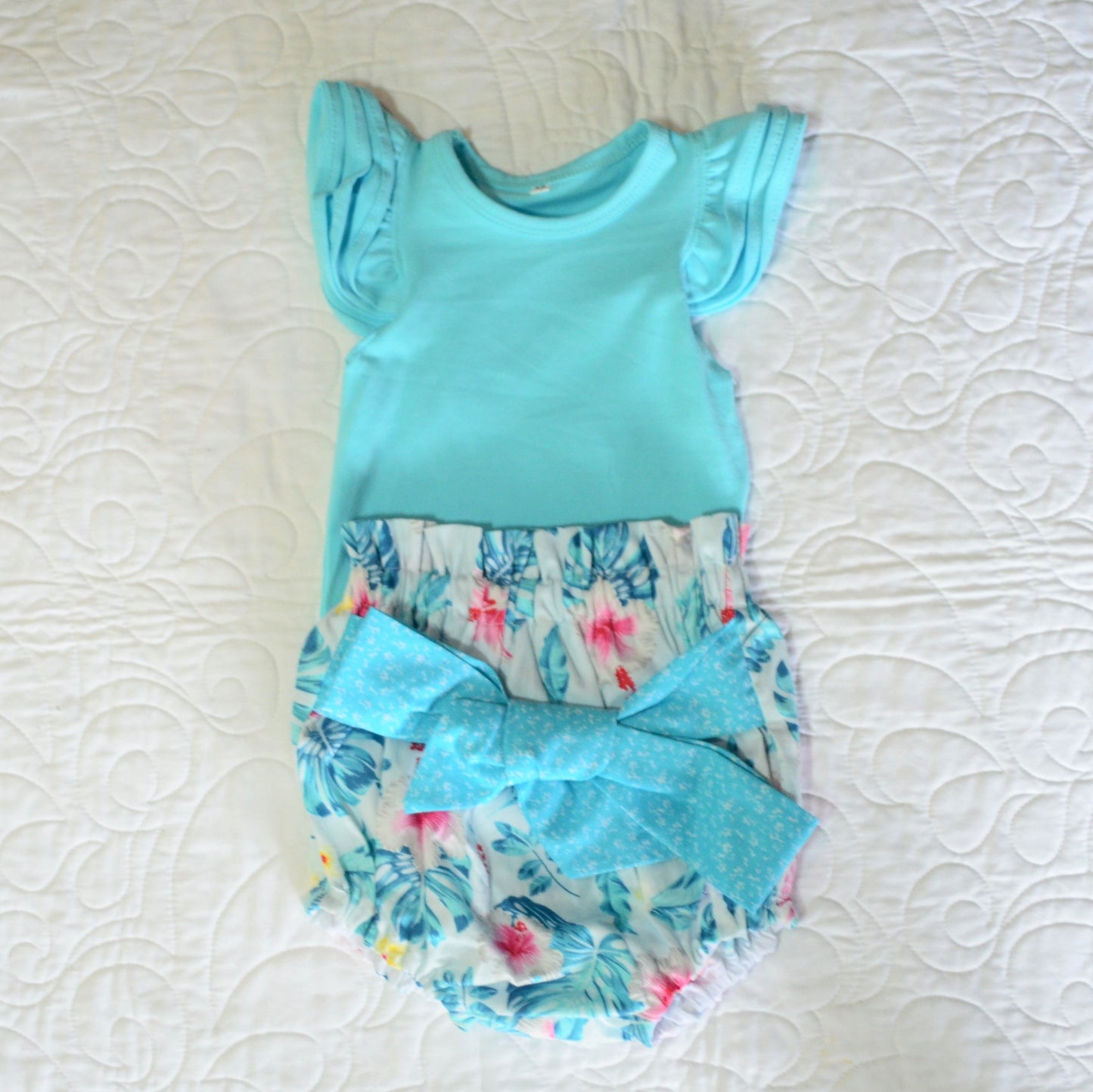 2 Piece Set - High Waisted Nappy Cover with Sash Bow & ReadyMade Flutter Bodysuit