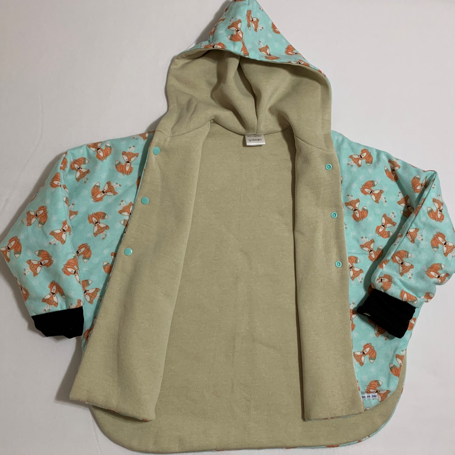 Coat - Poncho Coat/Jacket - Grey Lining, Fox Print, Hooded with Grey Heart Pocket and Black Cuffs