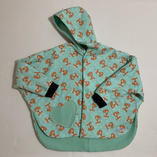 Coat - Poncho Coat/Jacket - Mint Green Lined, Fox Print, Hooded with Mint Green Heart Shape Pocket and Black Cuffs