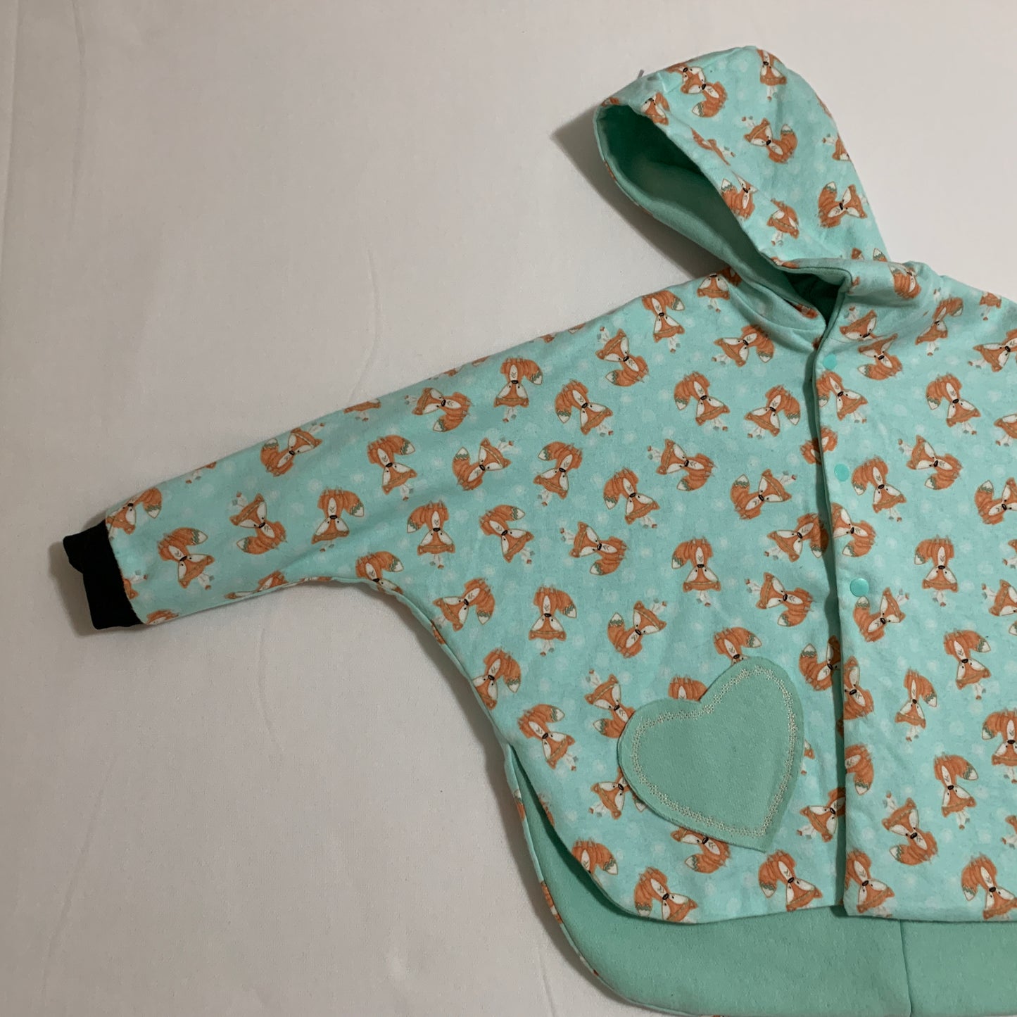 Coat - Poncho Coat/Jacket - Mint Green Lined, Fox Print, Hooded with Mint Green Heart Shape Pocket and Black Cuffs