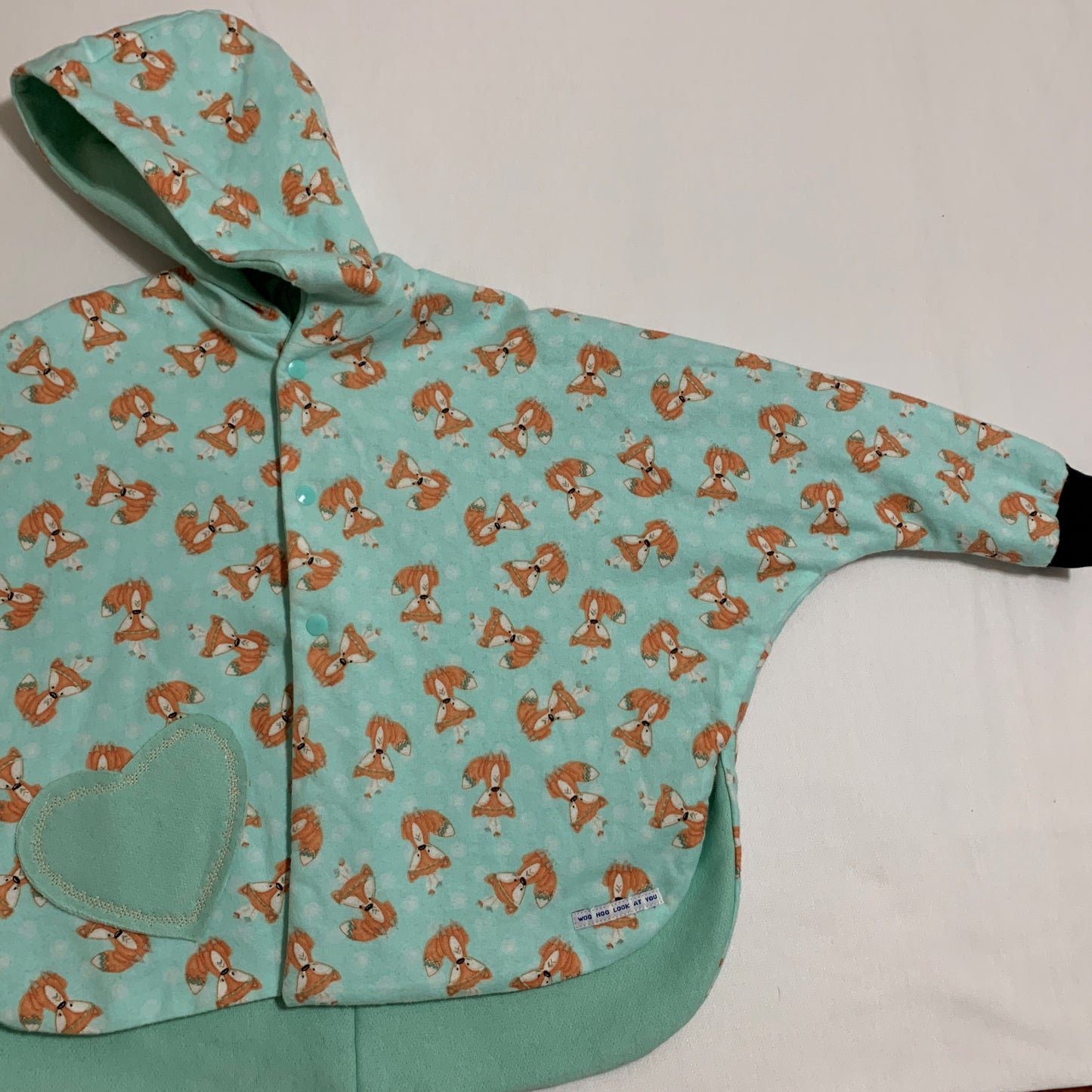 Coat - Poncho Coat/Jacket - Mint Green Lined, Fox Print, Hooded with Mint Green Heart Shape Pocket and Black Cuffs