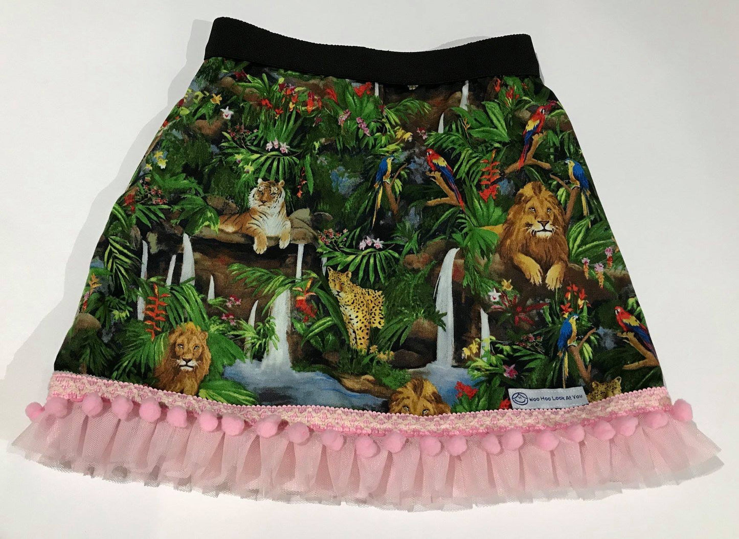 Skirt - Added Elastic Waistband - African Animals on Green, Lions, Tigers, Leopards, Pink Pom Pom Hemline