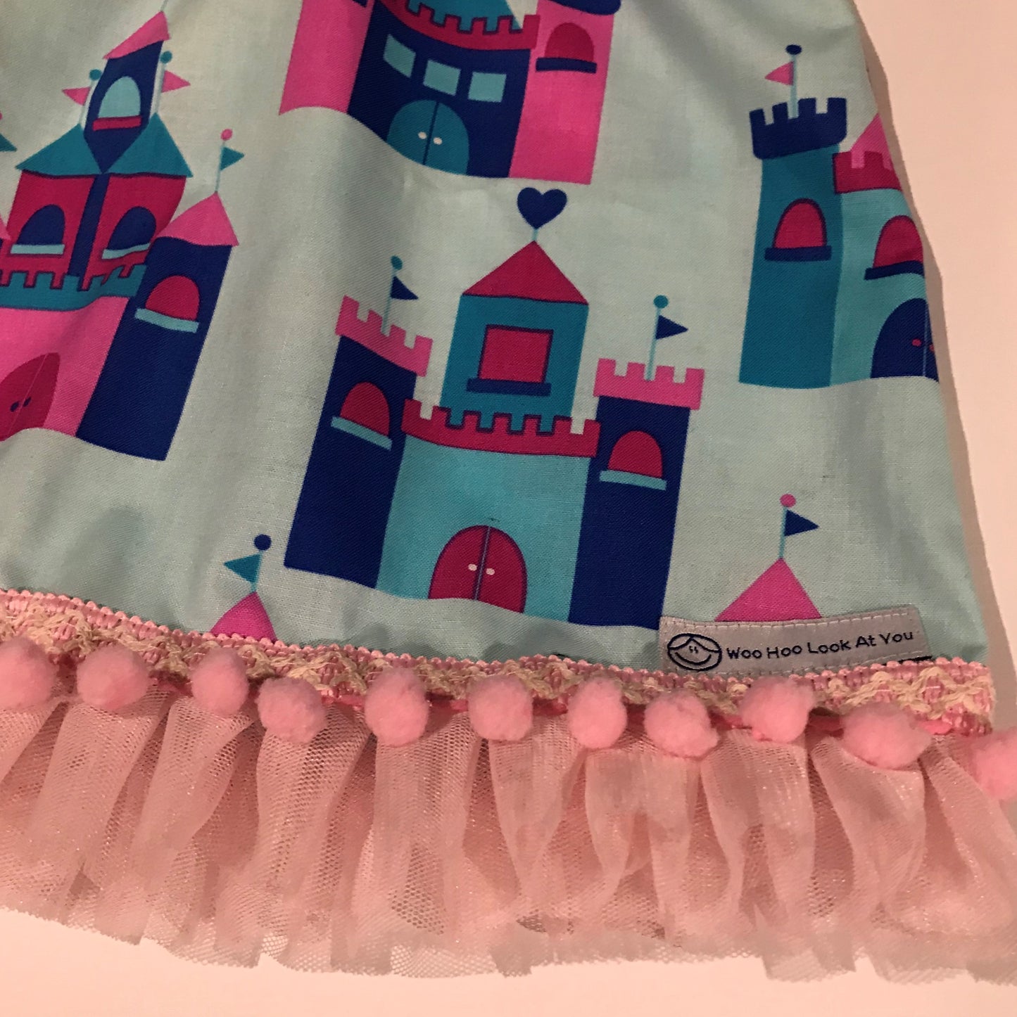 Skirt - Added Elastic Waistband, Princess Castles on Light Blue Background with Pom poms