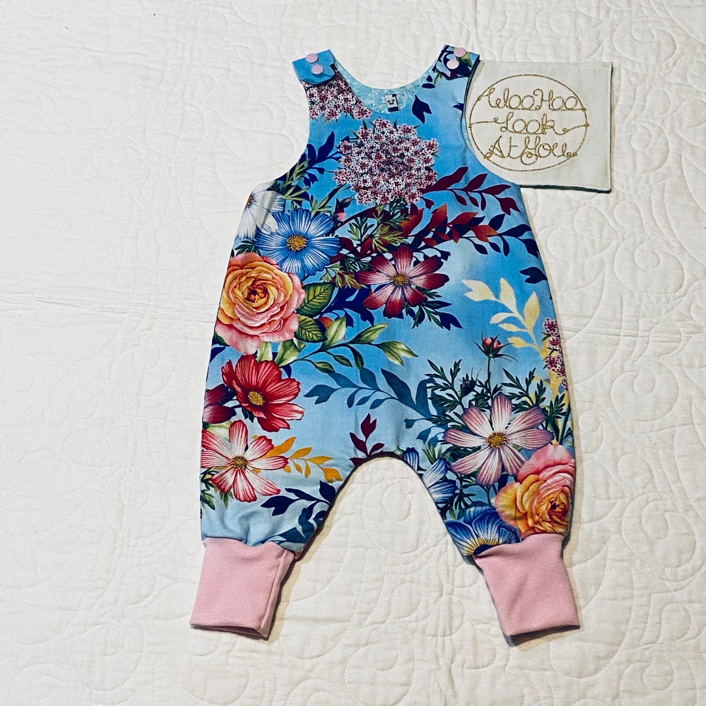 Overalls - All In 1 - Bright Flowers on Blue with Light Pink Ribbing