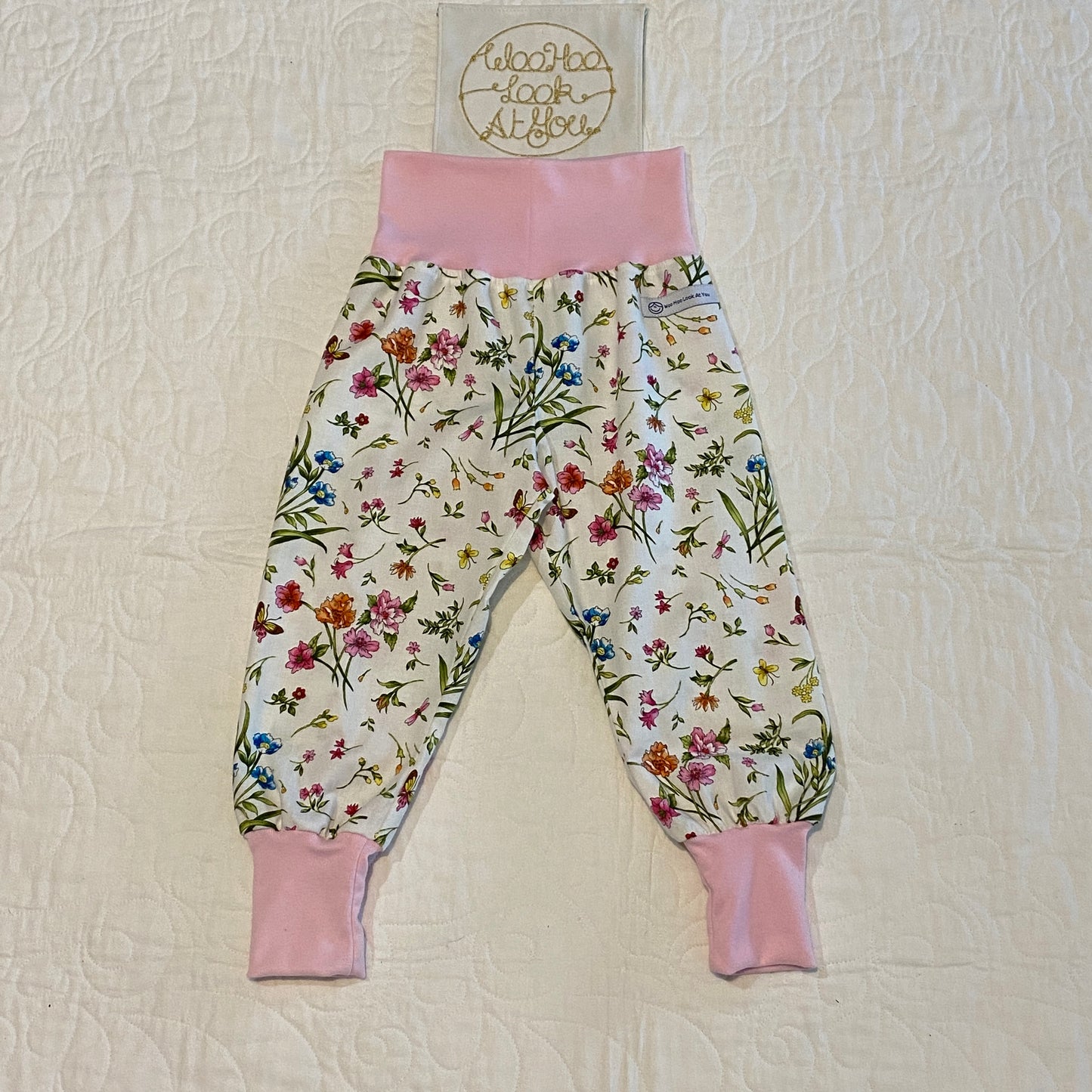 Pants - Harem - Ribbed Waist - Falling Flowers with Pink Bands