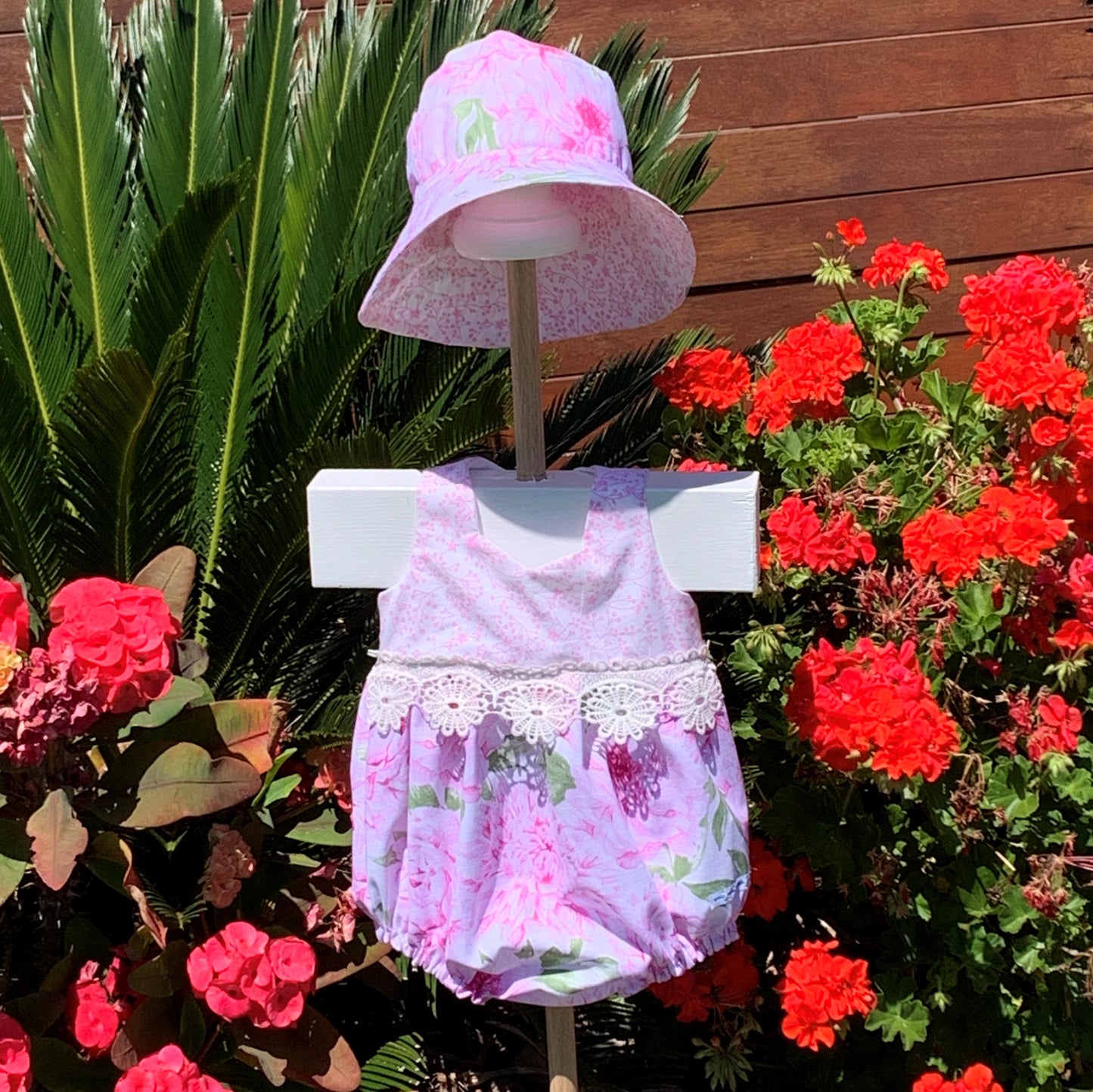 2 Piece - Romper with Flosstyle Hat - Floral Cotton Fabric and Lace Trims