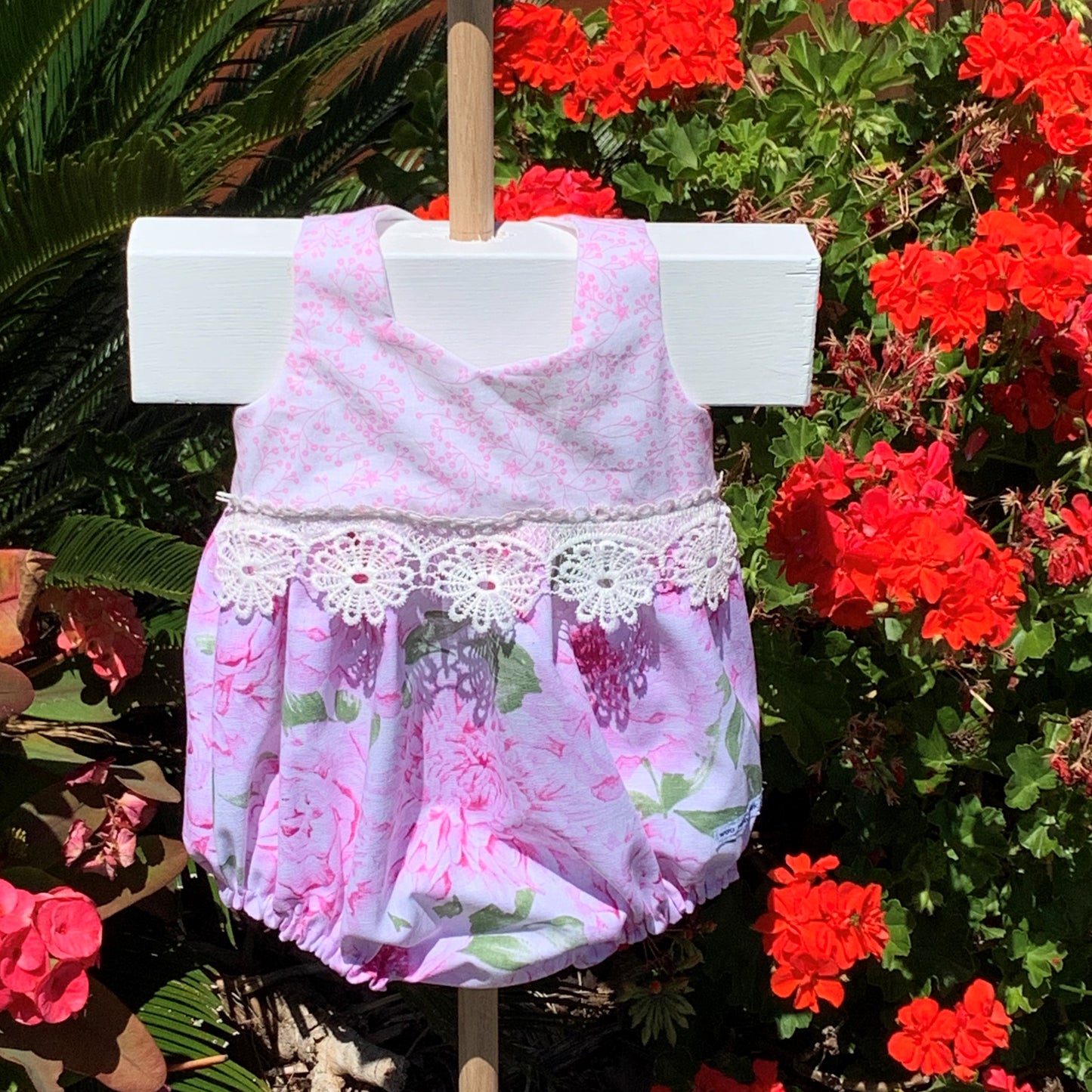 2 Piece - Romper with Flosstyle Hat - Floral Cotton Fabric and Lace Trims