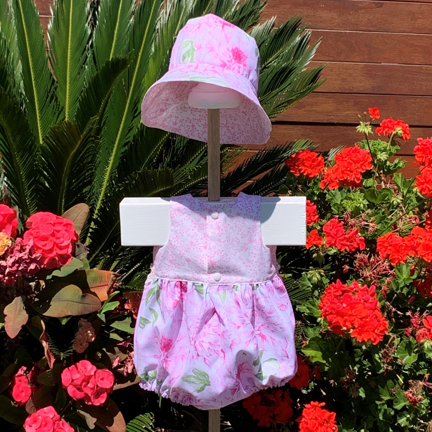 2 Piece - Romper with Flosstyle Hat - Floral Cotton Fabric and Lace Trims