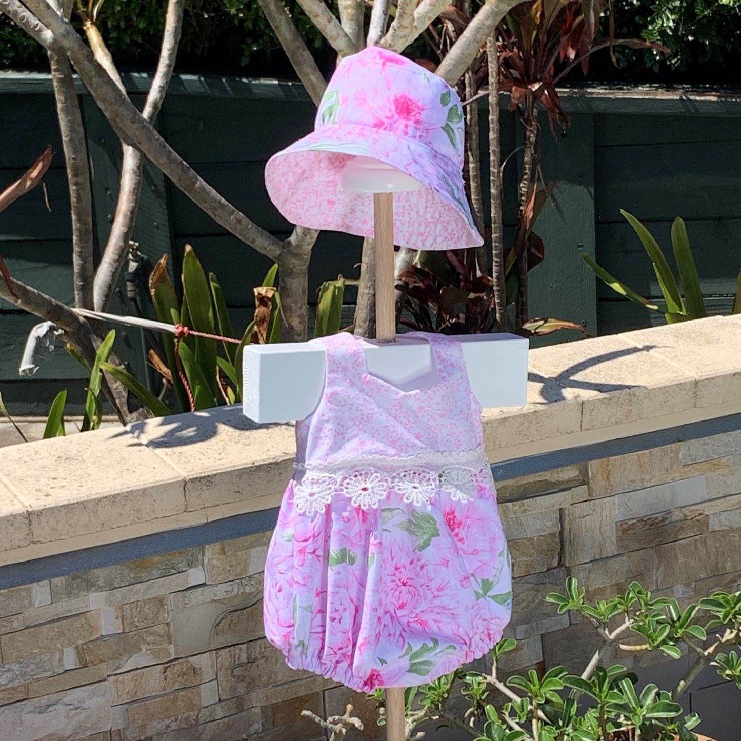 2 Piece - Romper with Flosstyle Hat - Floral Cotton Fabric and Lace Trims