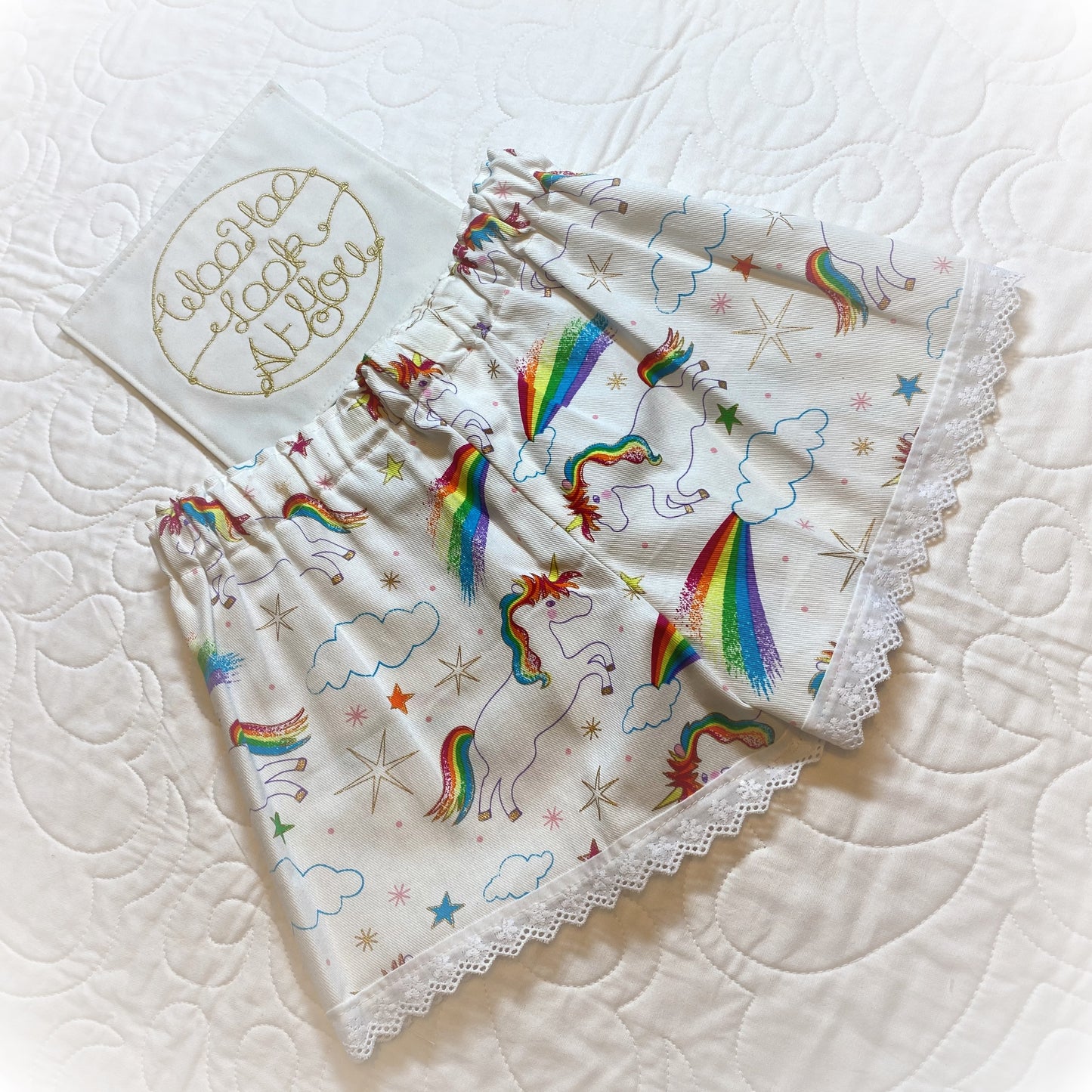 Shorts - Unicorns with Rainbow Tails White Anglaise Hemline and Elastic Waist