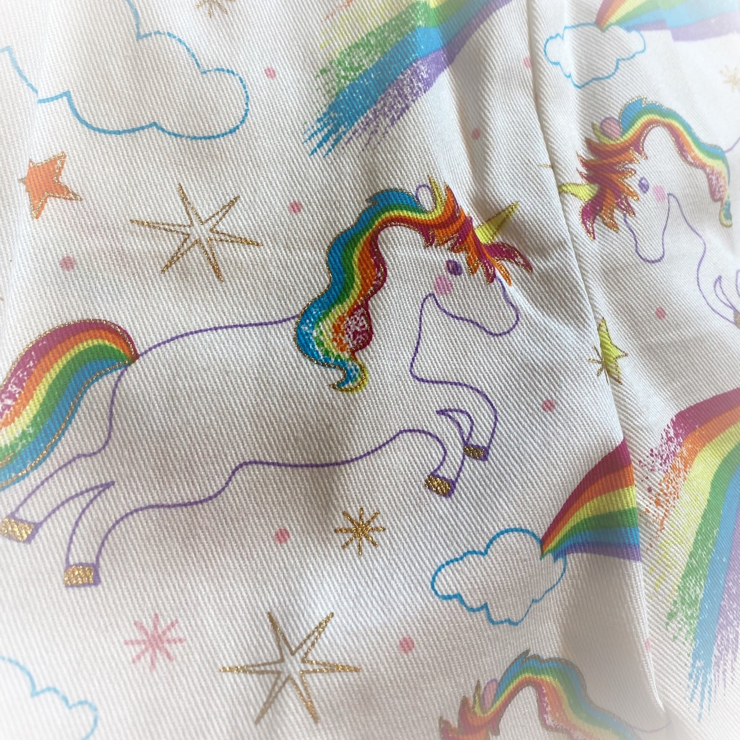 Shorts - Unicorns with Rainbow Tails White Anglaise Hemline and Elastic Waist