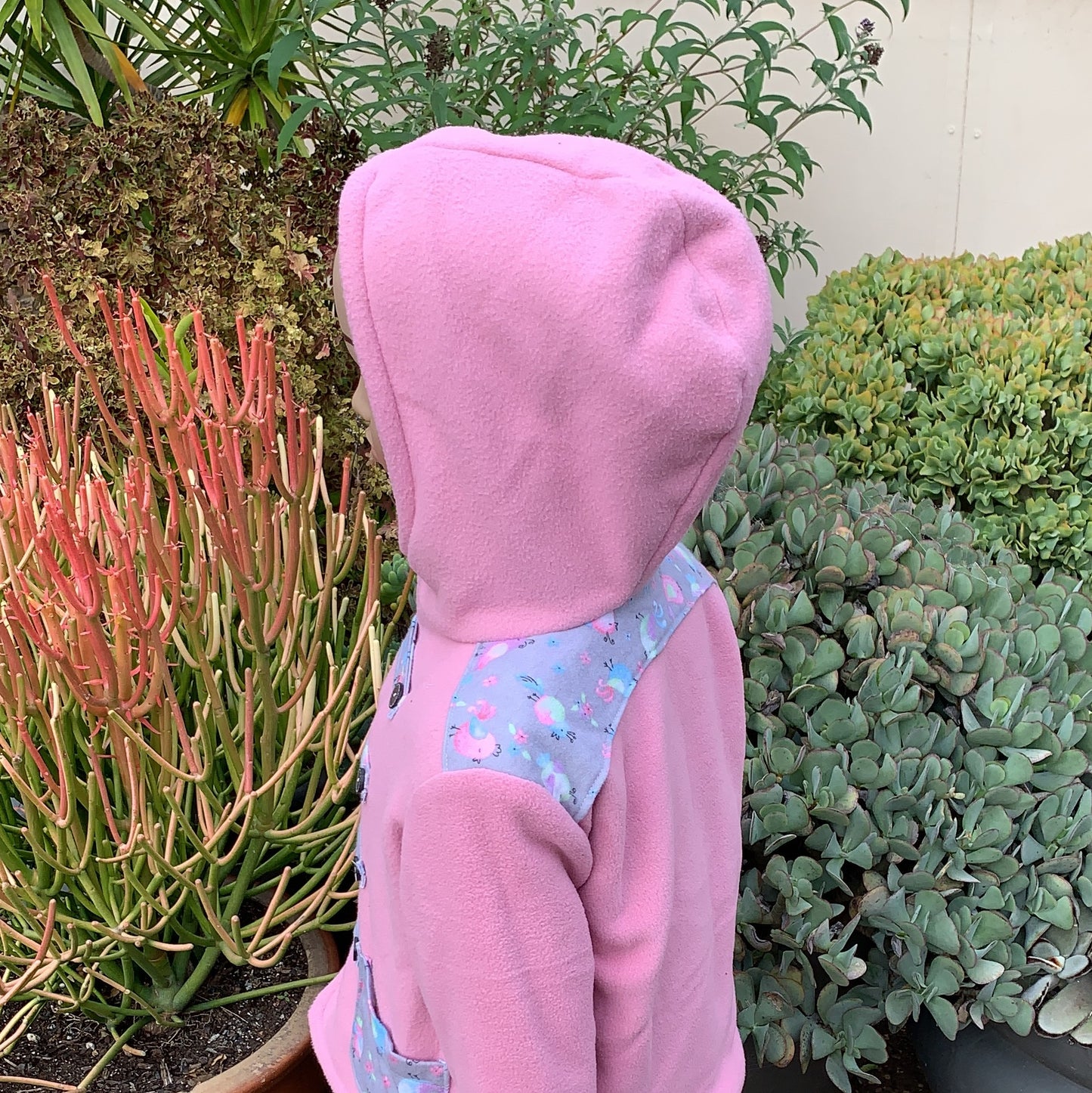 Coat - Duffle Coat - Pink Polar Fleece, Lining, Pockets and Toggles with Grey Decorative Bird Flannelette Fabric