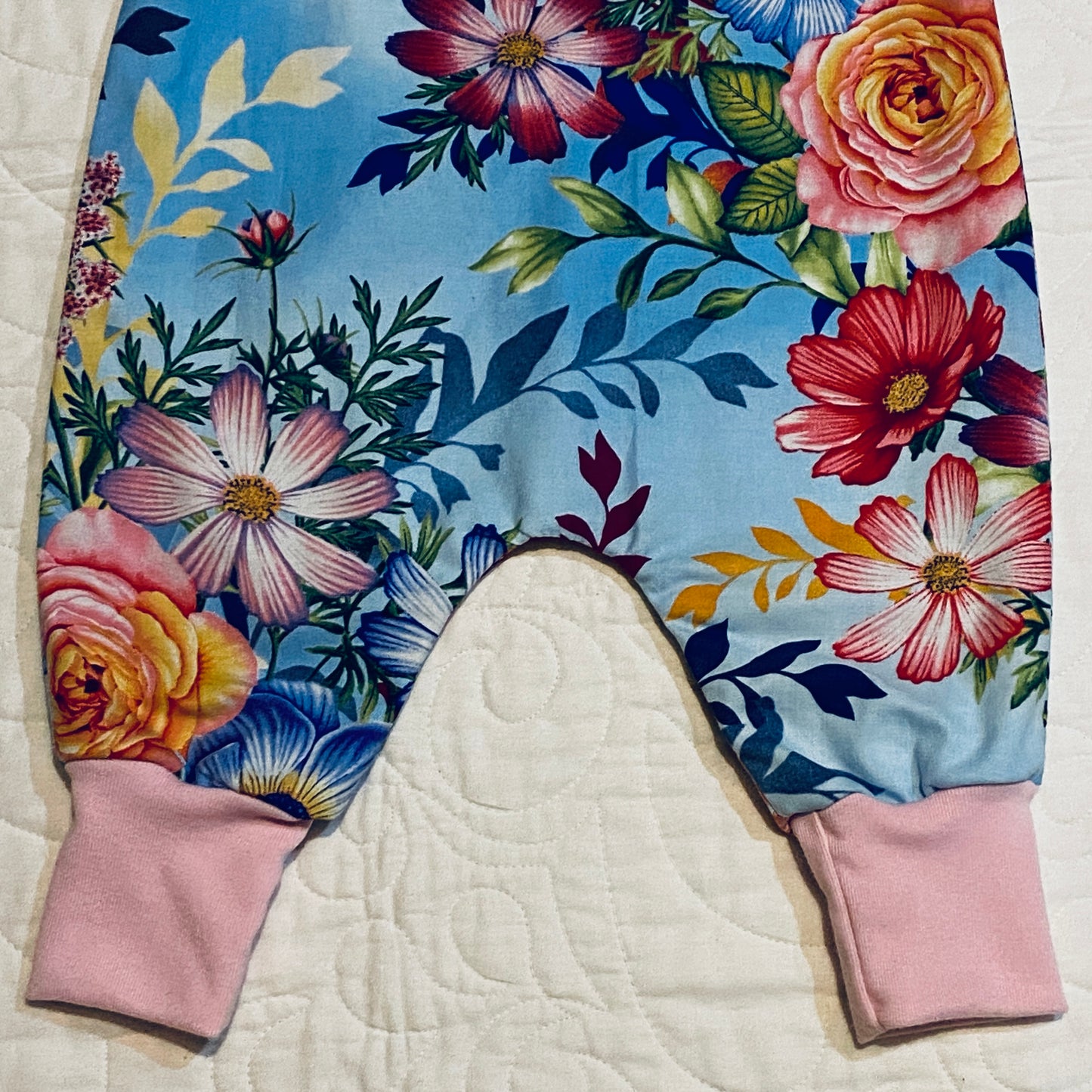 Overalls - All In 1 - Bright Flowers on Blue with Light Pink Ribbing