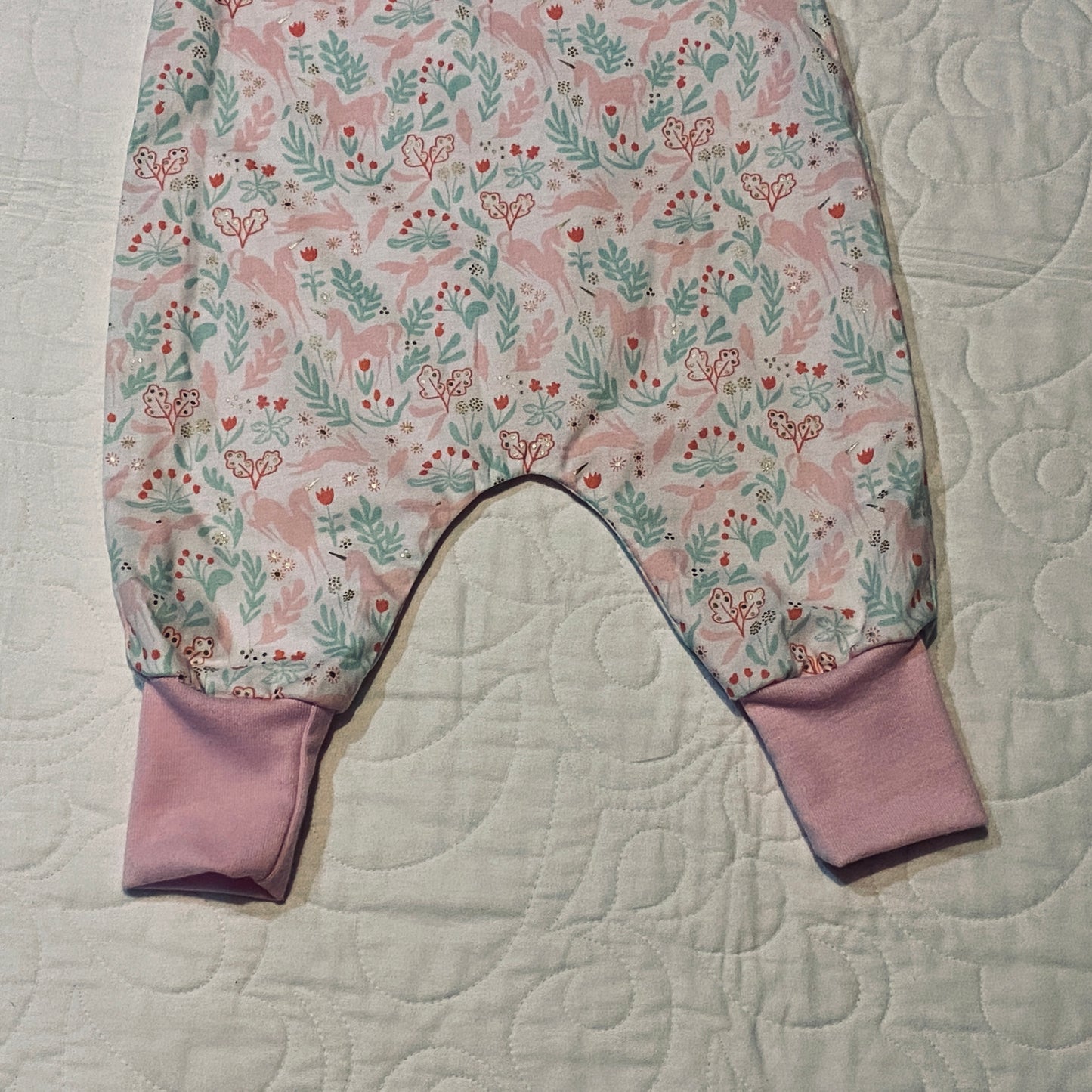 Overalls - All In 1 - Unicorns & Rabbits on White with Light Pink Ribbing