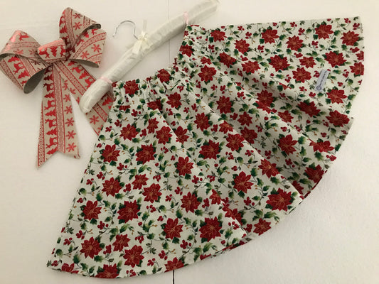 Skirt - Christmas - Elastic Waist - Floral Red & Gold Poinsettias