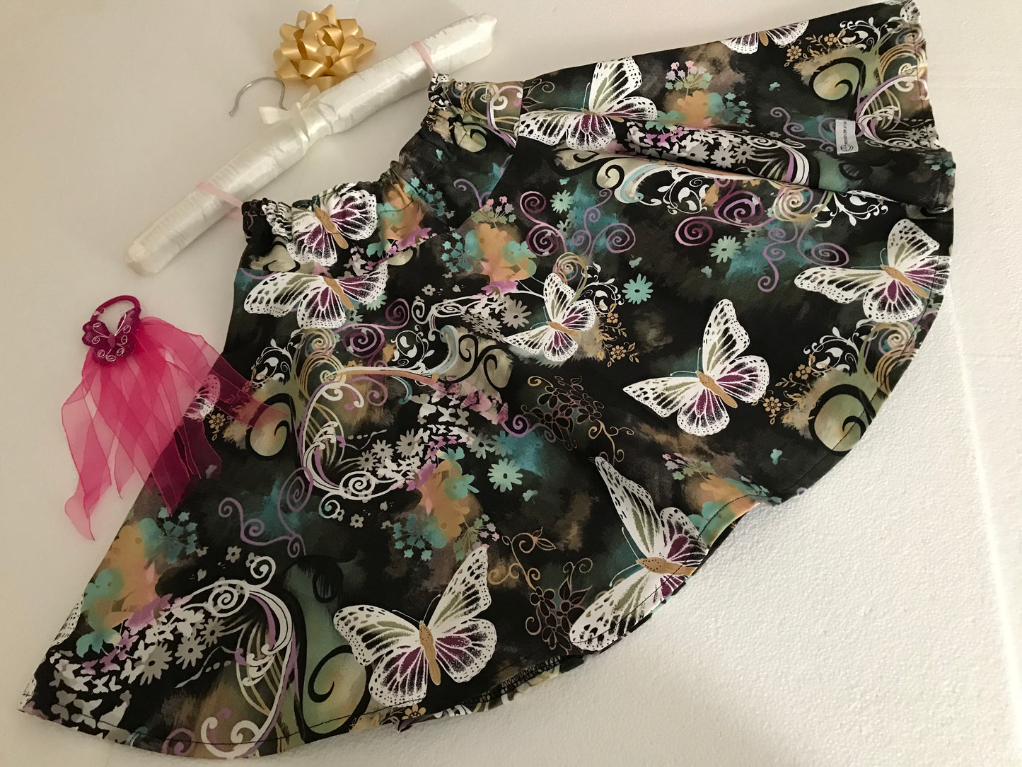 Skirt - Elastic Waist, 100% Cotton, Black Background with White Butterflies, Circular Skirt