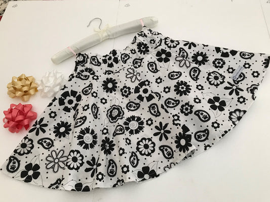 Skirt - Elastic Waist, 100% Cotton, Black and White Floral Fabric, Circular Skirt