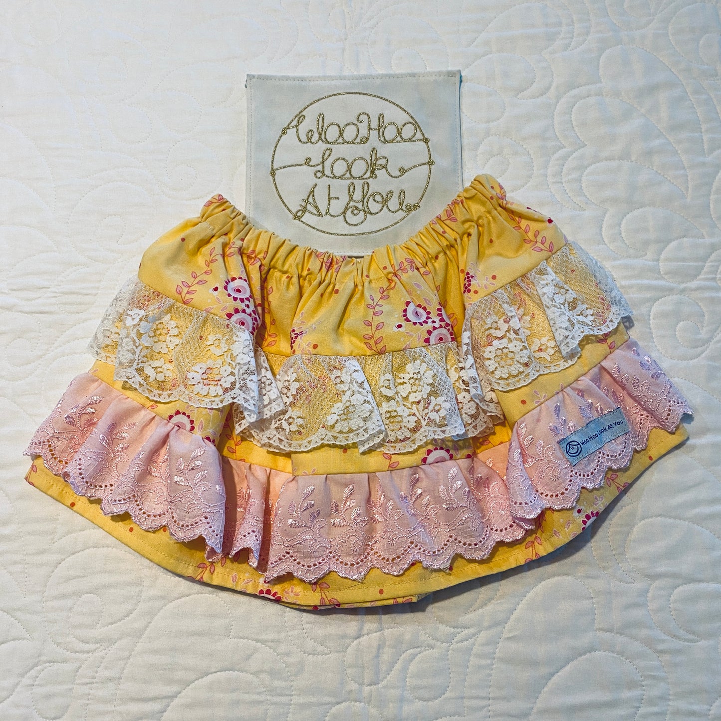 2 Piece Set - Skirt & Slip Ons - Yellow with Multi Pink Flowers with White Lace and Pink Anglaise